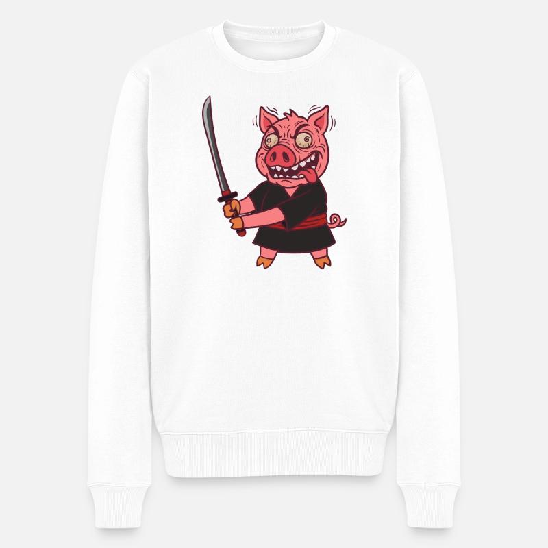Verrücktes Samurai Schwein mit Schwert - Männer Premium Bio Pullover - Weiß