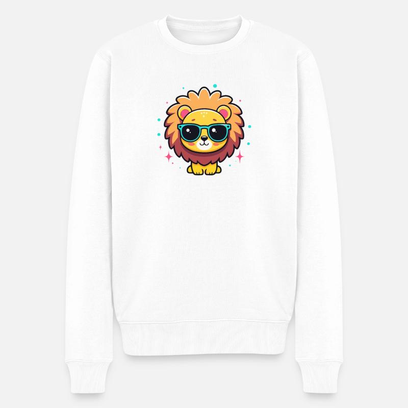 Lion Kawaii chic avec lunettes bleues - Pull Premium bio Homme - blanc