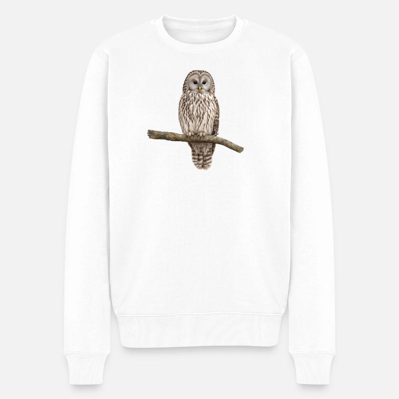 Uraleule an einem Ast - Männer Premium Bio Pullover - Weiß