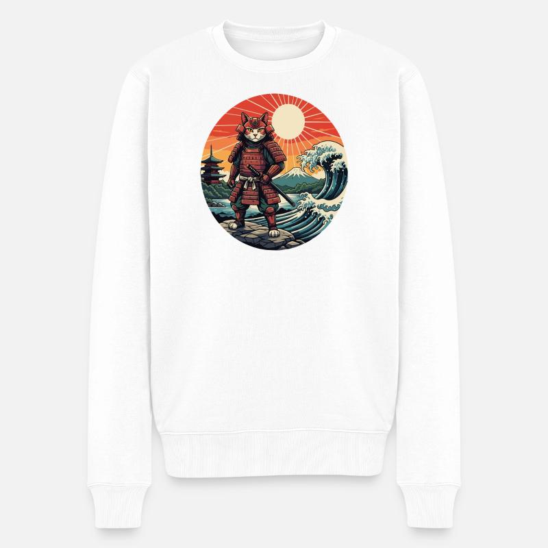 Katzen-Samurai bei Sunset Waves - Männer Premium Bio Pullover - Weiß