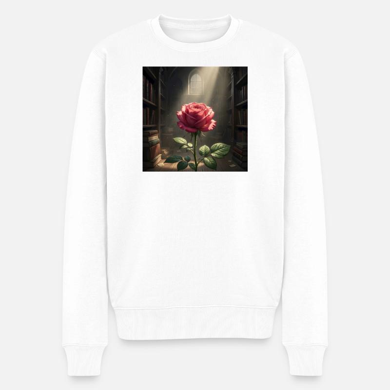 Rose im Licht der Bibliothek - Männer Premium Bio Pullover - Weiß