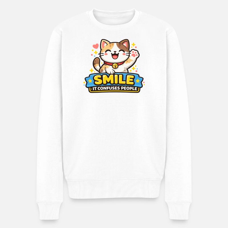 Lächelnde Katze Verwirrt Menschen - Männer Premium Bio Pullover - Weiß