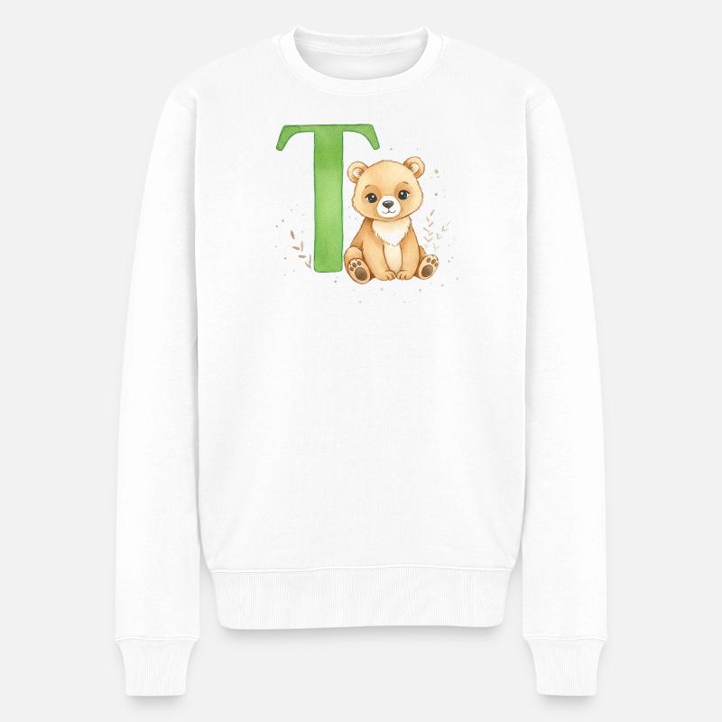 Teddy mit grünem Buchstaben T - Männer Premium Bio Pullover - Weiß