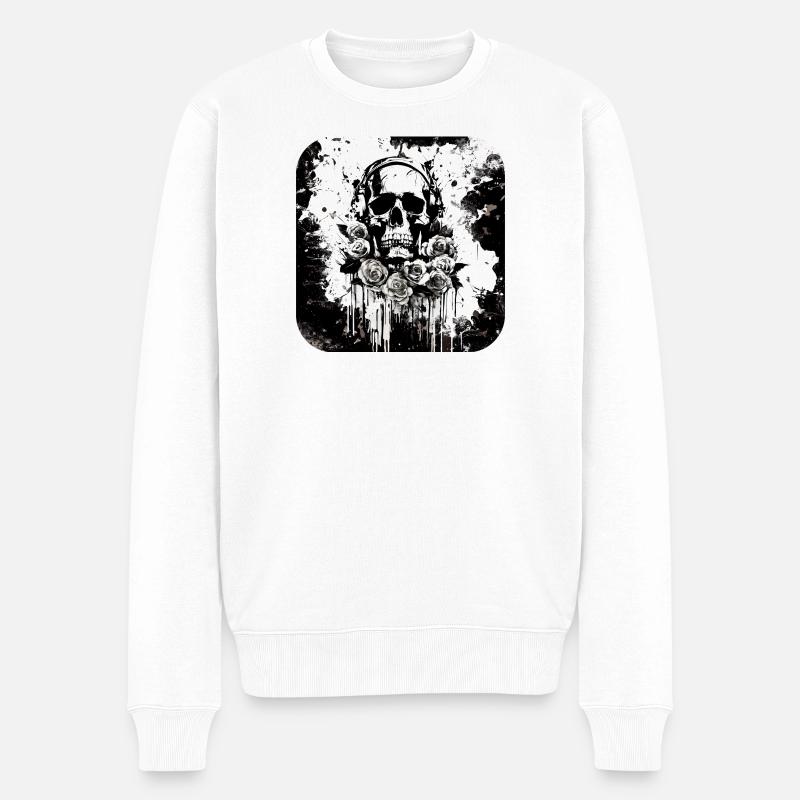 Schädel mit Kopfhörer Rosen - Männer Premium Bio Pullover - Weiß