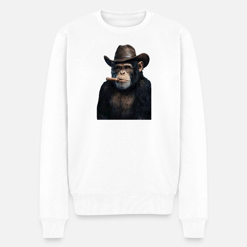 Schimpanse mit Cowboyhut und Zigarre - Männer Premium Bio Pullover - Weiß