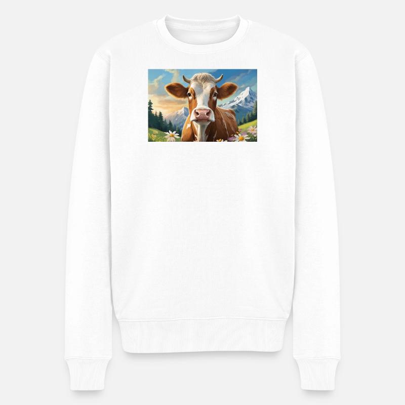 Fröhliche Kuh im Alpenpanorama - Männer Premium Bio Pullover - Weiß