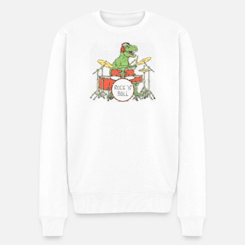 Dino Drummer RocknRoll Illustration - Männer Premium Bio Pullover - Weiß