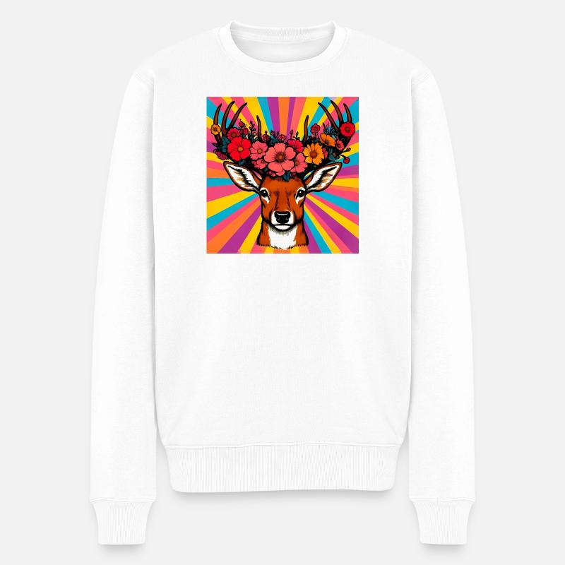 Hirsch mit Blumen - Männer Premium Bio Pullover - Weiß