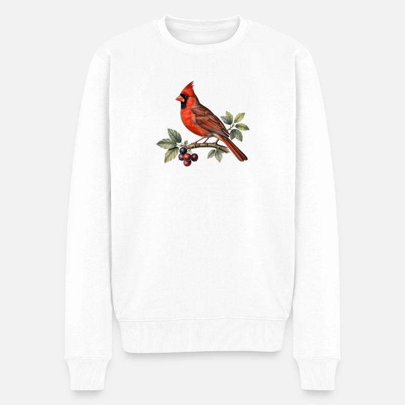 Cardinal rouge sur branche et baies - Pull Premium bio Homme - blanc