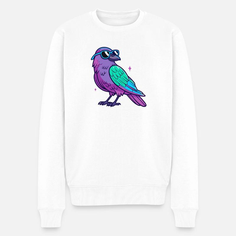 Oiseau violet lunettes bleues néon - Pull Premium bio Homme - blanc