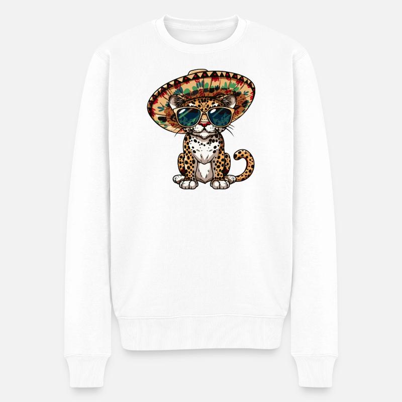 Leopard Comic Lustig Sombrero - Männer Premium Bio Pullover - Weiß