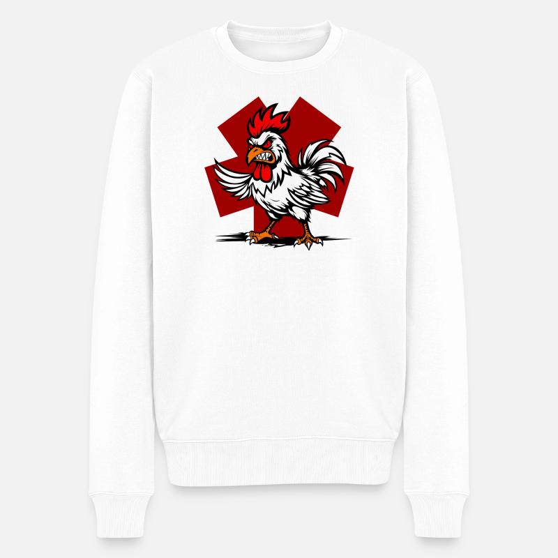 Karikaturhahn auf rotem Hintergrund - Männer Premium Bio Pullover - Weiß