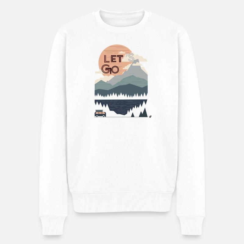 Sonne, Berge, Wald, See und Bus Lets go - Männer Premium Bio Pullover - Weiß