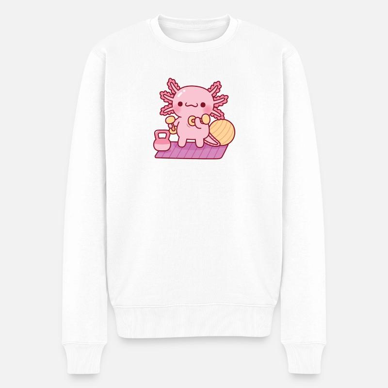 Entraînement mignon d’axolotl avec des haltères - Pull Premium bio Homme - blanc