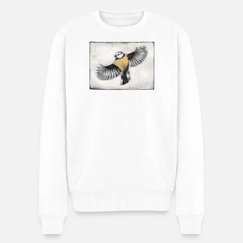 Vogel im Flug - handgeschnitzte Druckvorlage - Männer Premium Bio Pullover - Weiß