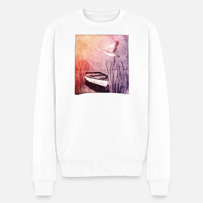 Boot am See - handgeschnitzte Druckvorlage - Männer Premium Bio Pullover - Weiß