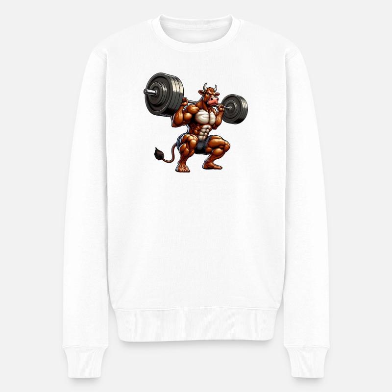 Kraftvolle Kuh Bulle Bison Fitnesstraining - Männer Premium Bio Pullover - Weiß