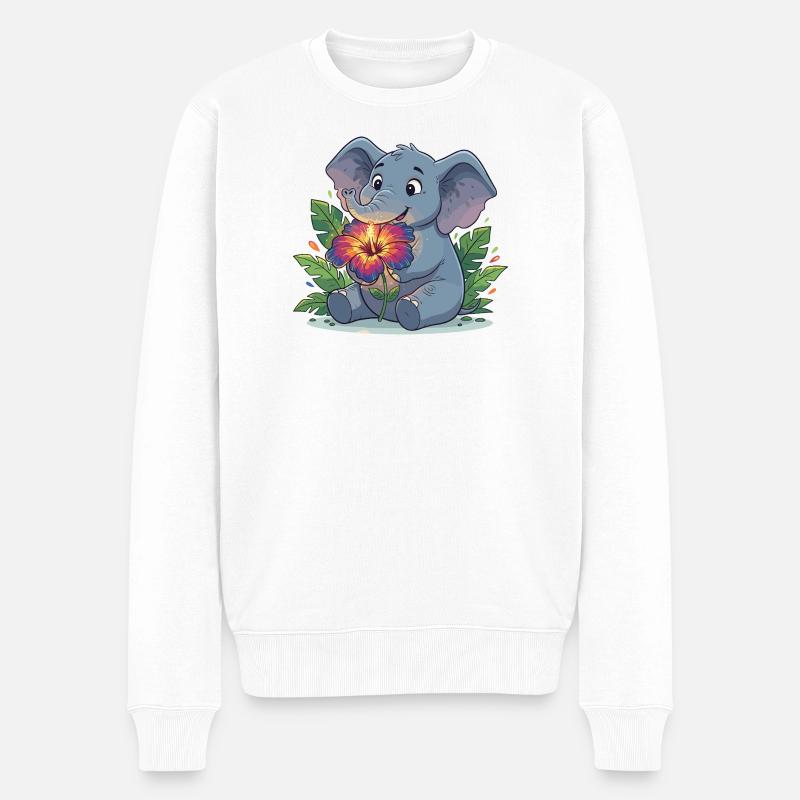 Elefant mit Hibiskusblüte - Männer Premium Bio Pullover - Weiß