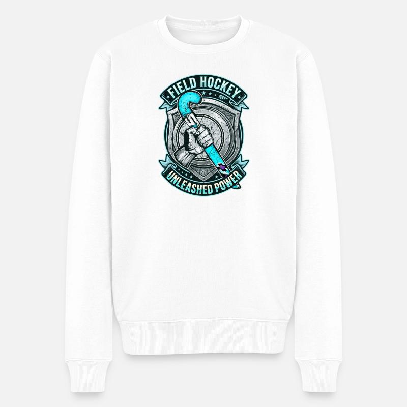 Feldhockey Schläger Unleashed Power Wappen - Männer Premium Bio Pullover - Weiß