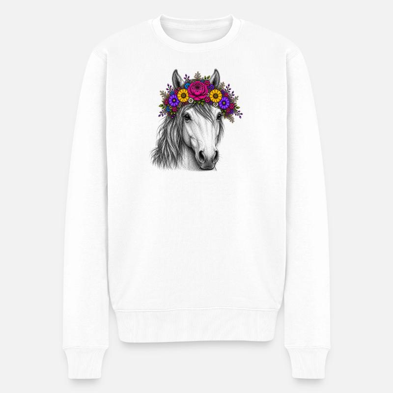 Cheval avec une couronne de fleurs - Pull Premium bio Homme - blanc