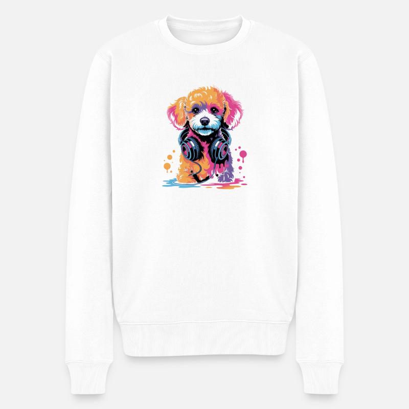 Chiot caniche avec un casque - Pull Premium bio Homme - blanc