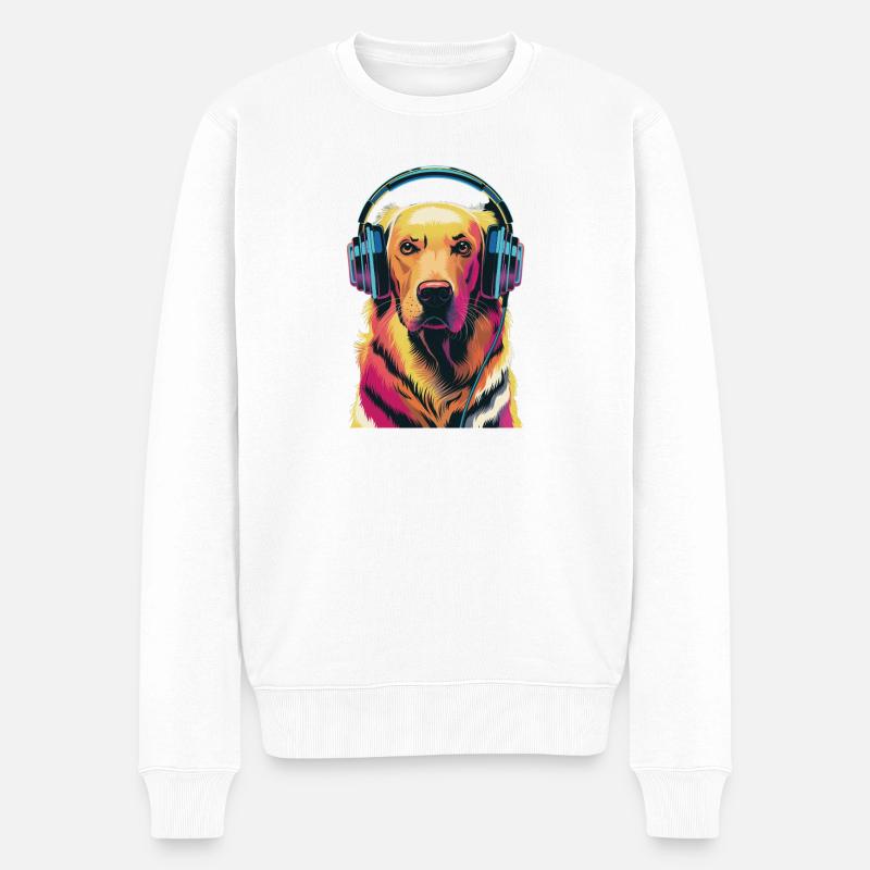 Golden Retriever avec des écouteurs - Pull Premium bio Homme - blanc