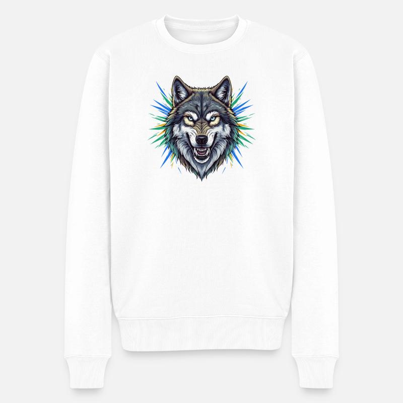 Wolfskopf mit bunten Strahlen - Männer Premium Bio Pullover - Weiß