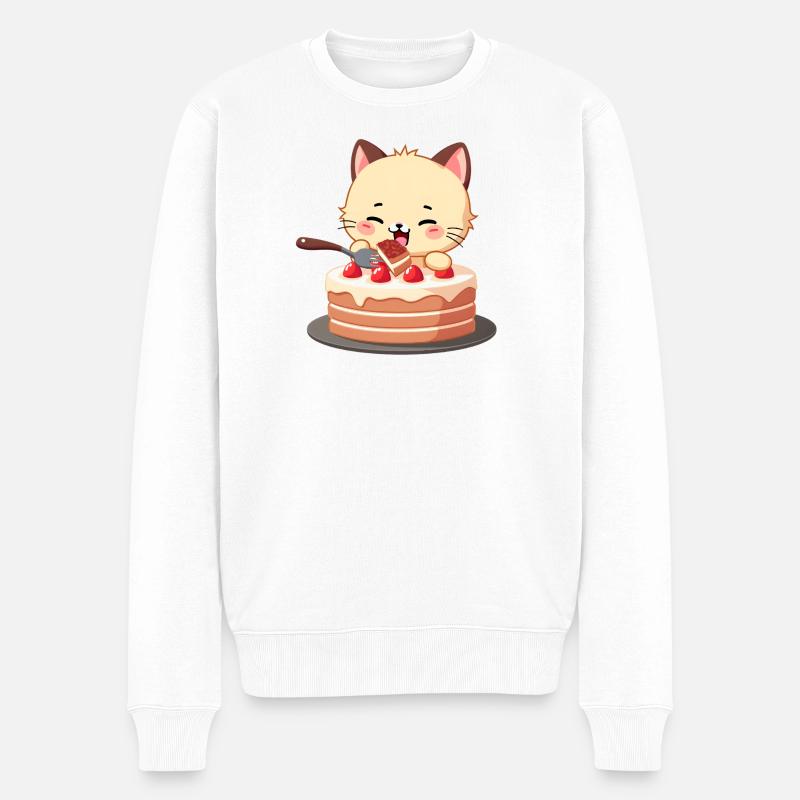 Katze isst Kuchen - Männer Premium Bio Pullover - Weiß
