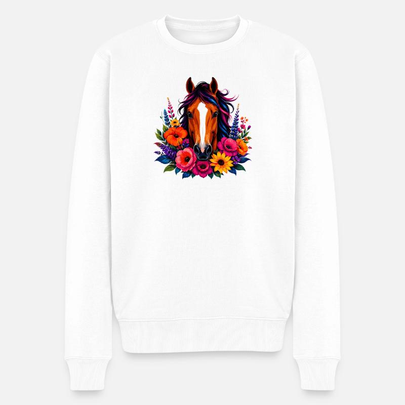 Cheval avec une couronne de fleurs - Pull Premium bio Homme - blanc