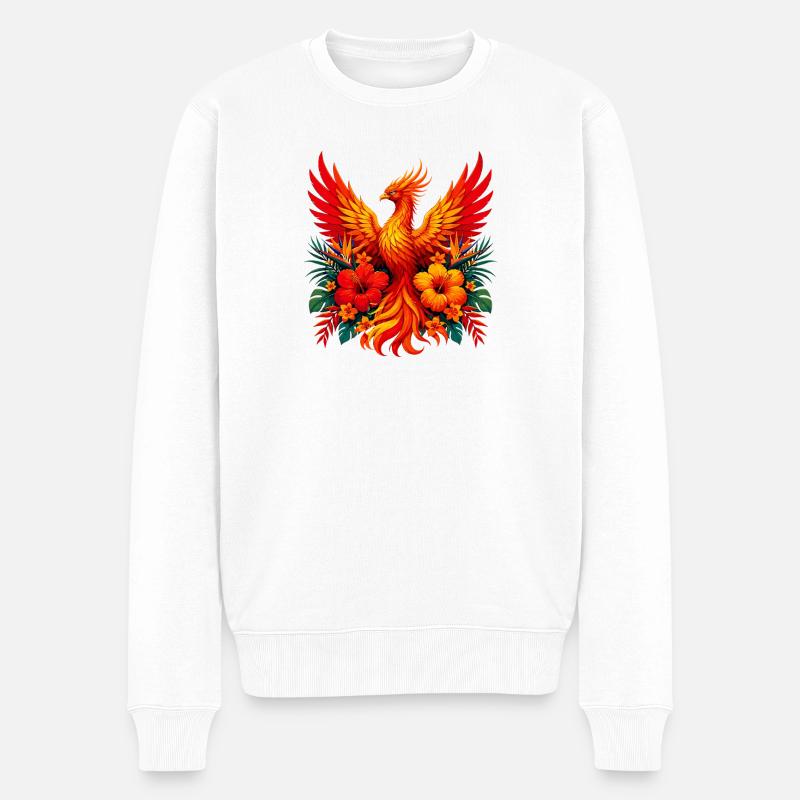 Flammenphönix mit Tropenblüten - Männer Premium Bio Pullover - Weiß