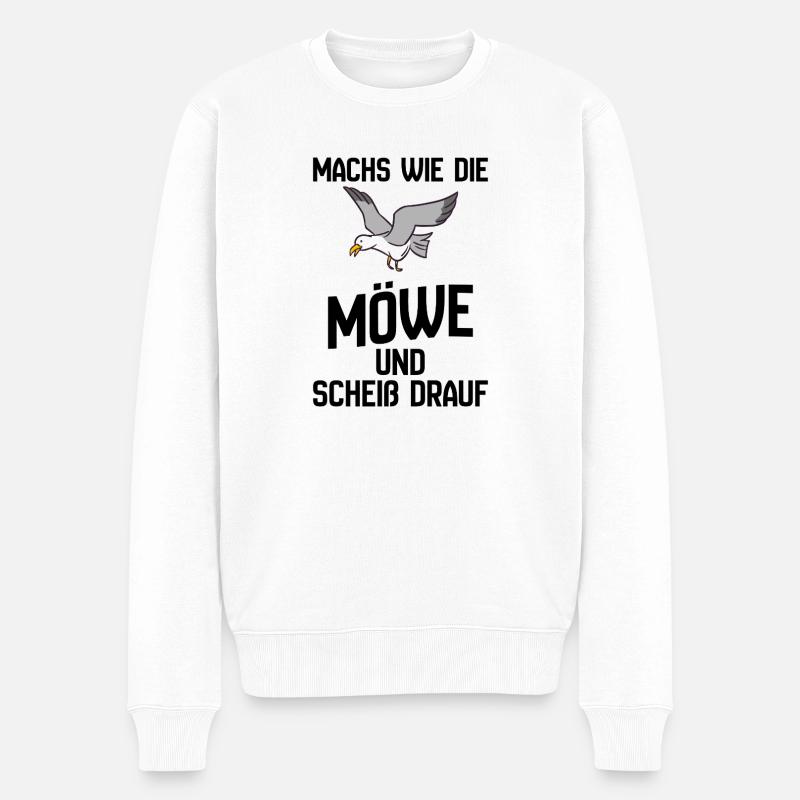Seemöwe im Flug Cartoon-Design - Scheiß drauf - Männer Premium Bio Pullover - Weiß