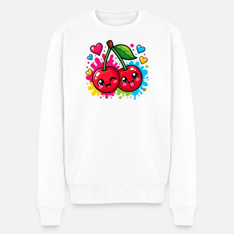 Kirschen Neon-Splash Cartoon - Männer Premium Bio Pullover - Weiß