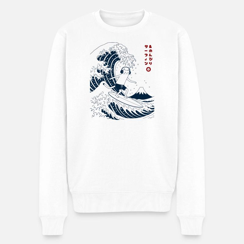 Chat Surf et Chill - Pull Premium bio Homme - blanc