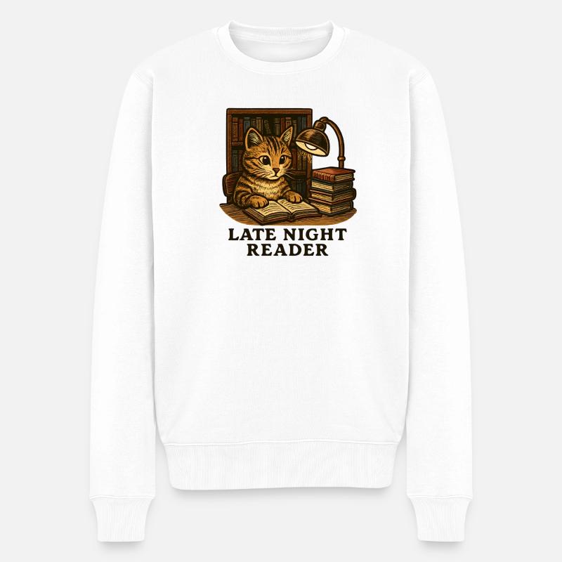 Nachtlektüre: Katze am Lesetisch - Männer Premium Bio Pullover - Weiß