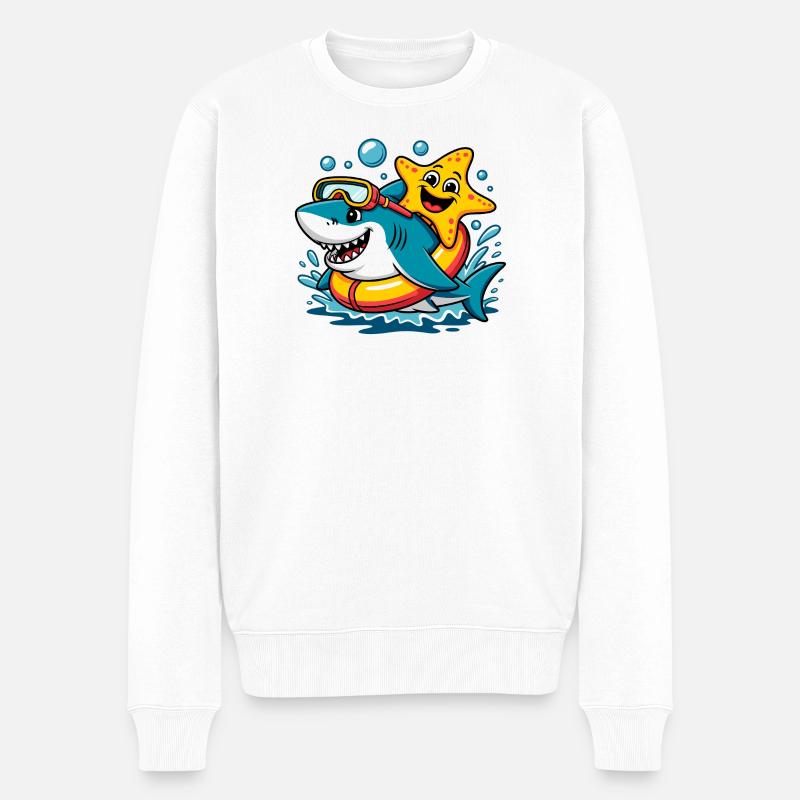 Lustiger Hai mit Seestern - Männer Premium Bio Pullover - Weiß