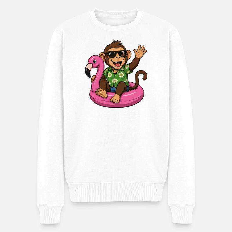 Tropischer Affe auf Flamingo-Poolfloat - Männer Premium Bio Pullover - Weiß