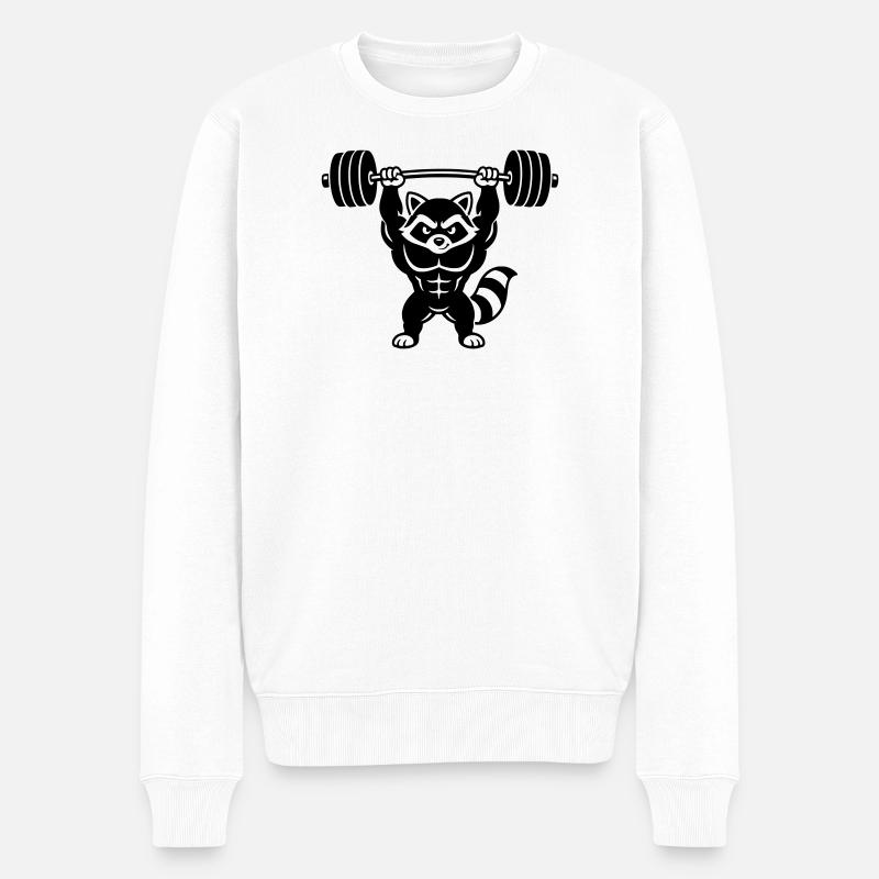 Muskel Waschbär hebt Langhantel - Männer Premium Bio Pullover - Weiß