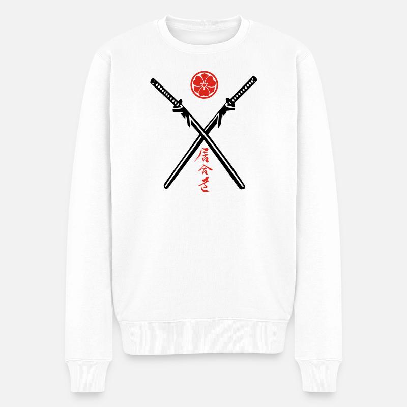 Iaido Kanji & Katana + Mon - Männer Premium Bio Pullover - Weiß
