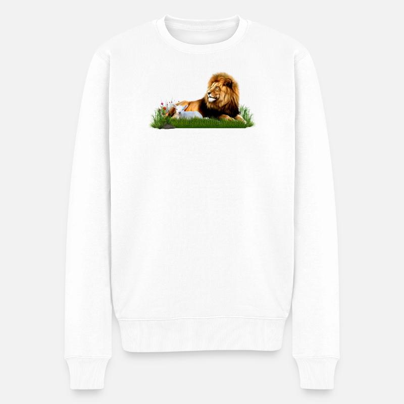 Lion et agneau dans une prairie d’herbe - Pull Premium bio Homme - blanc