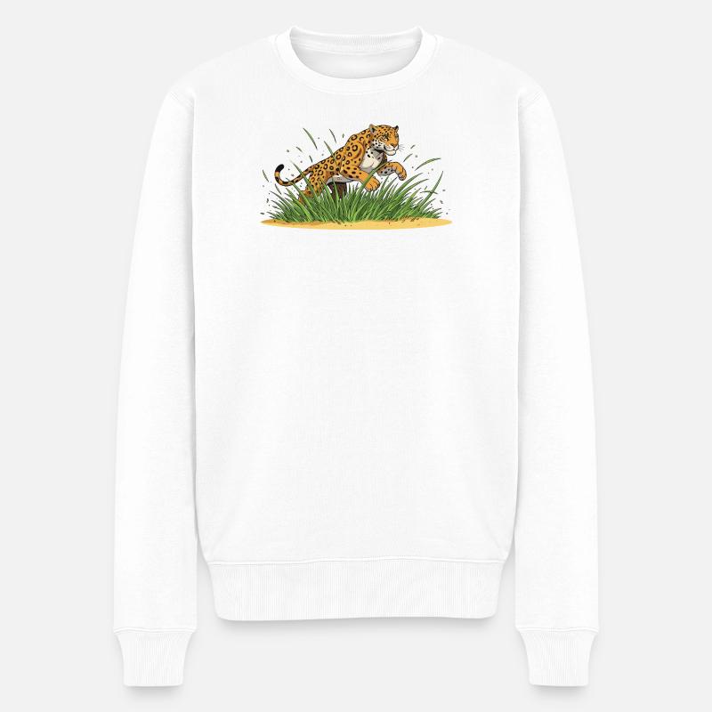 Leopard im Gras – Cartoonwildheit - Männer Premium Bio Pullover - Weiß