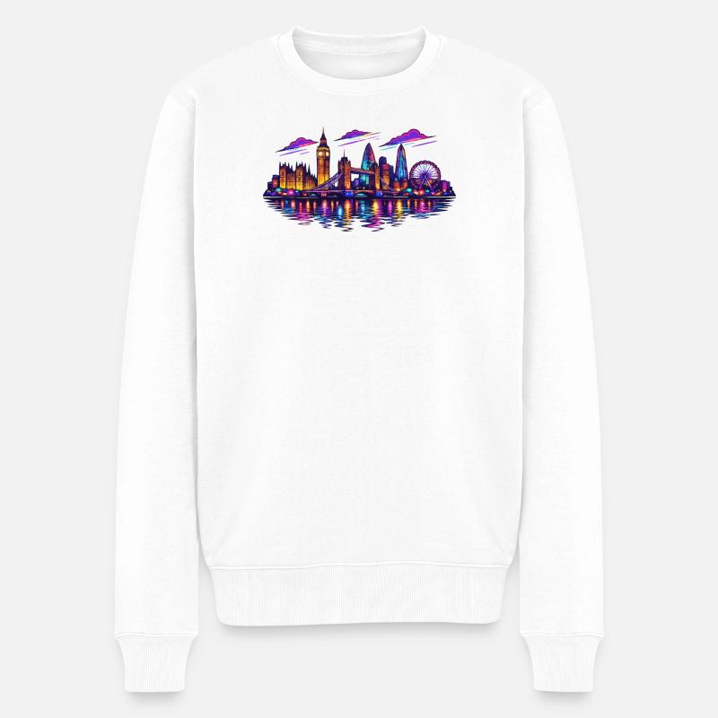 Neon London Skyline Nacht - Männer Premium Bio Pullover - Weiß