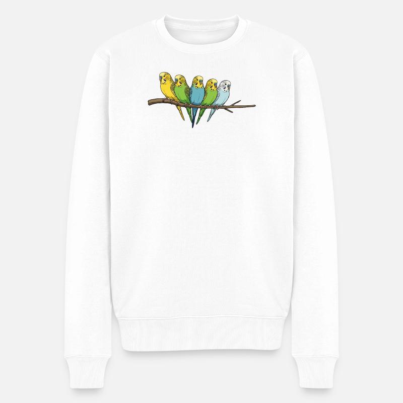 Bunte Wellensittich-Familie auf Ast - Männer Premium Bio Pullover - Weiß