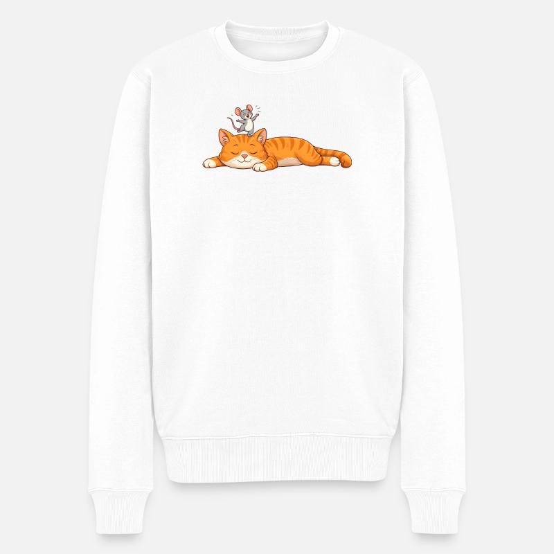 Chat endormi avec souris joyeuse - Pull Premium bio Homme - blanc