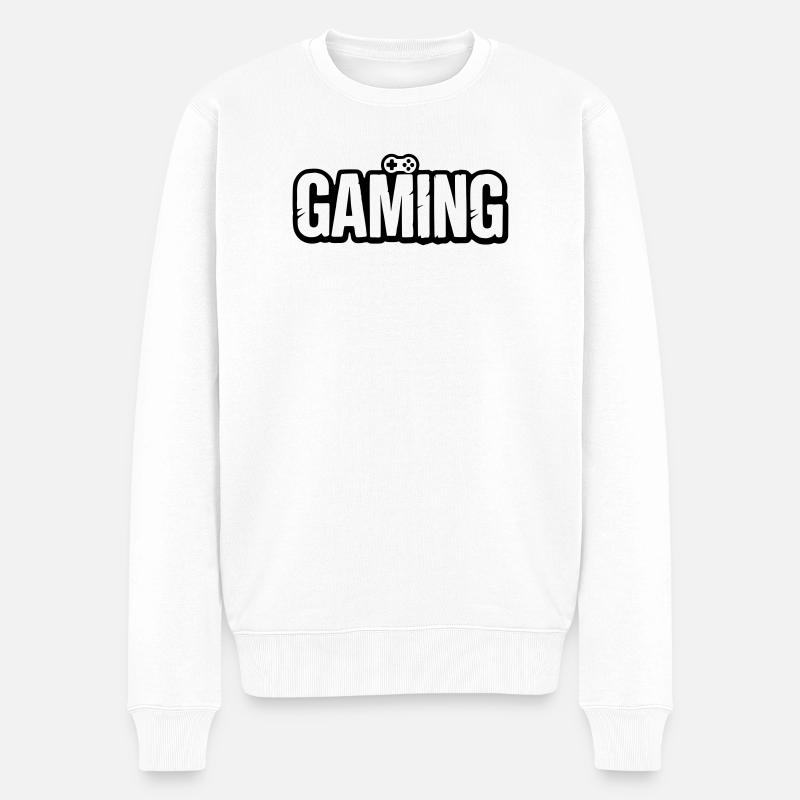 Gaming_Schrift_mit_Conroller - Männer Premium Bio Pullover - Weiß