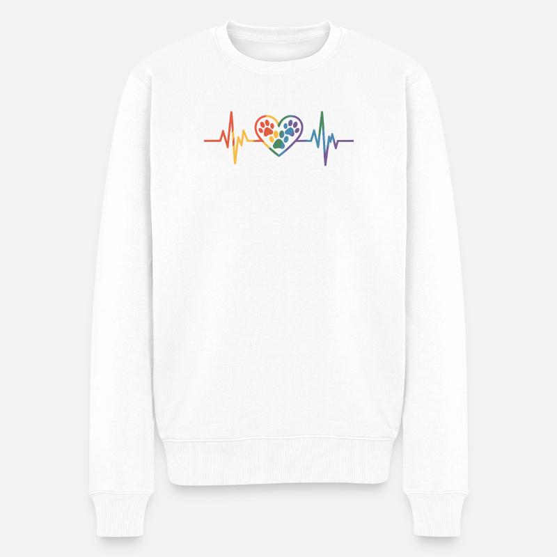 Bunter Herzschlag mit Hundepfote - Männer Premium Bio Pullover - Weiß