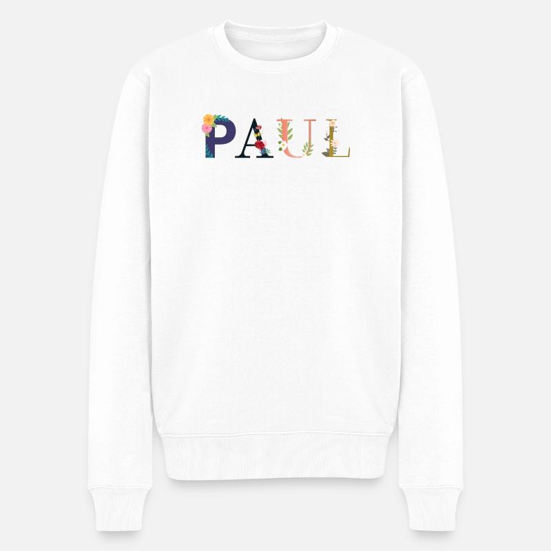 PAUL Name mit Blumen geschmückt - Männer Premium Bio Pullover - Weiß