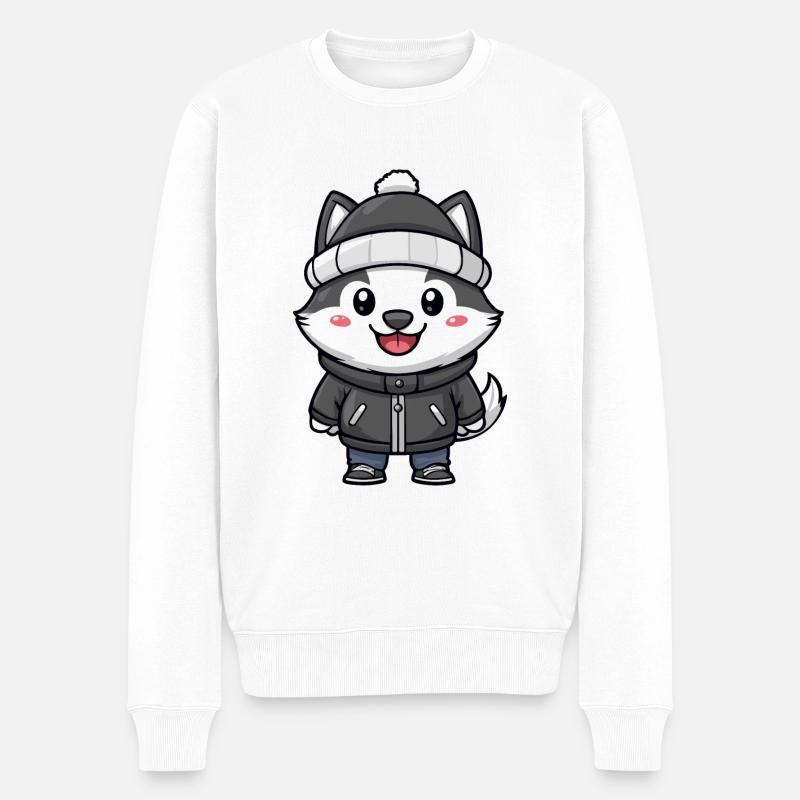 Chien Husky Hiver - Pull Premium bio Homme - blanc