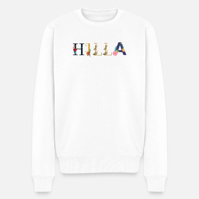 HILLA Name mit Blumen geschmückt - Männer Premium Bio Pullover - Weiß