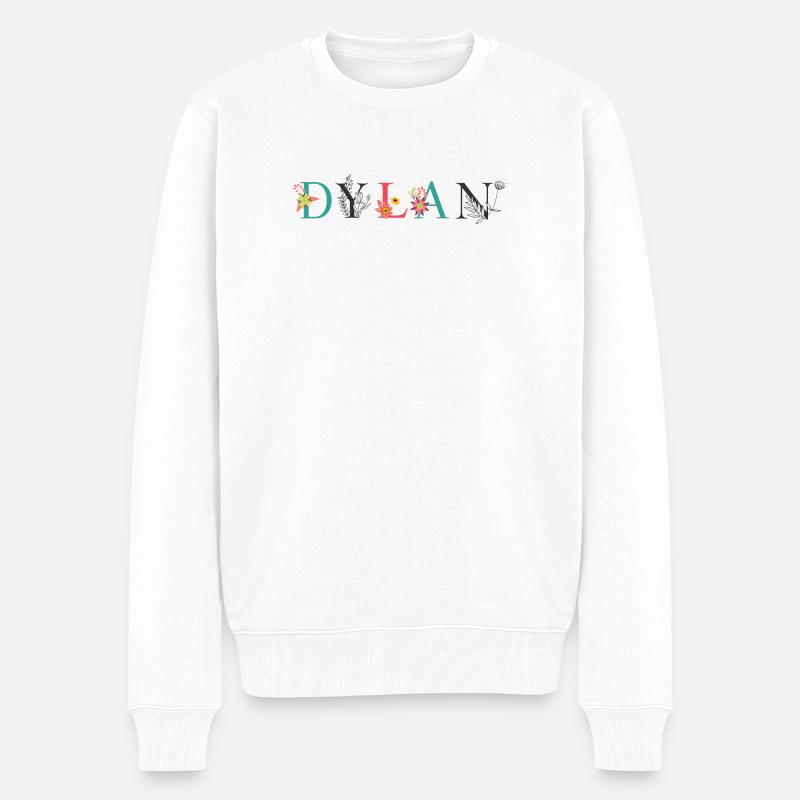 DYLAN Namenskunst mit Blumen bestickt - Männer Premium Bio Pullover - Weiß