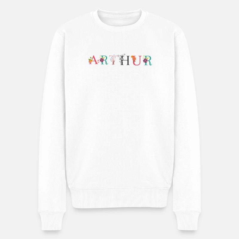 ARTHUR Namenskunst mit Blumen bestickt - Männer Premium Bio Pullover - Weiß
